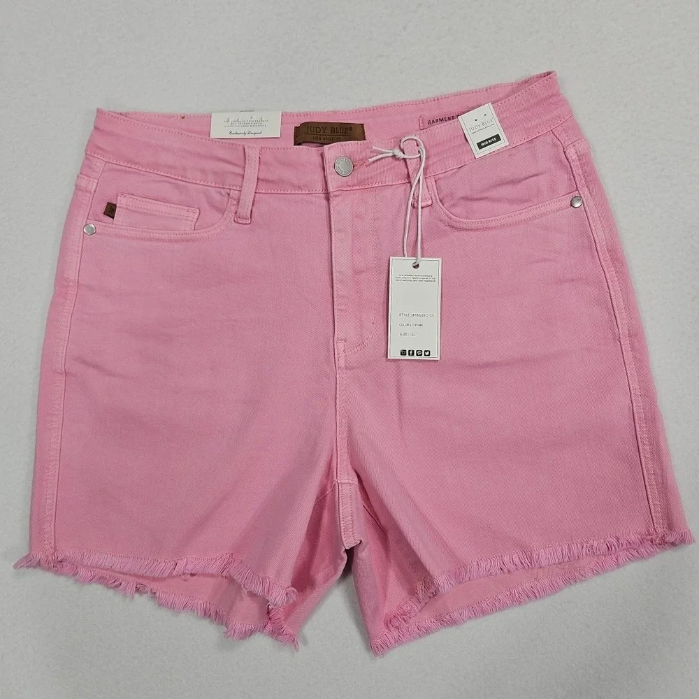 Judy Blue Shorts 1XL Pink Garmet Dyed Denim Mid Rise‎ Fray Hem Stretch 5